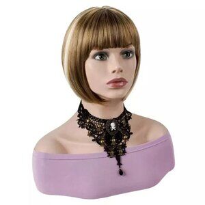 Women's Gold Blonde Mixed Brown Highlights Short Bob Straight Wig Synthe…